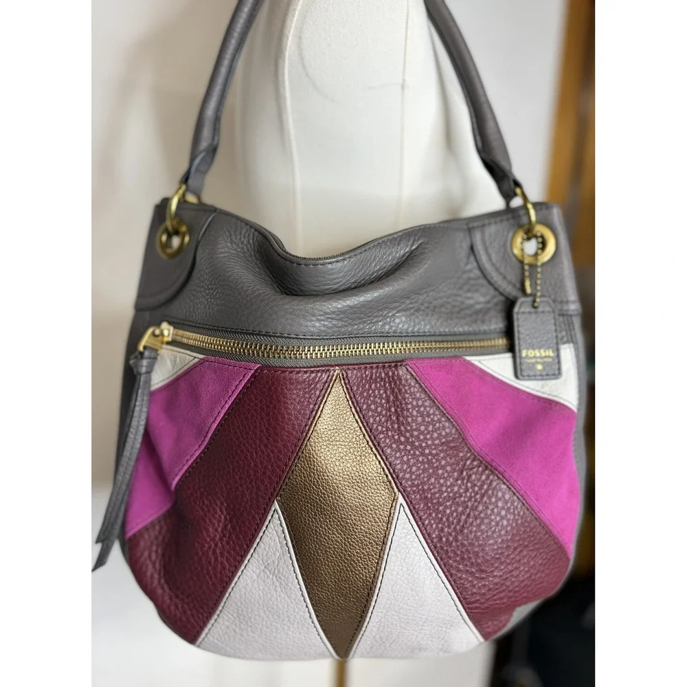 Fossil Karli Large Hobo Bag Pink Multi Leather Suede Colorblock SHB1169664